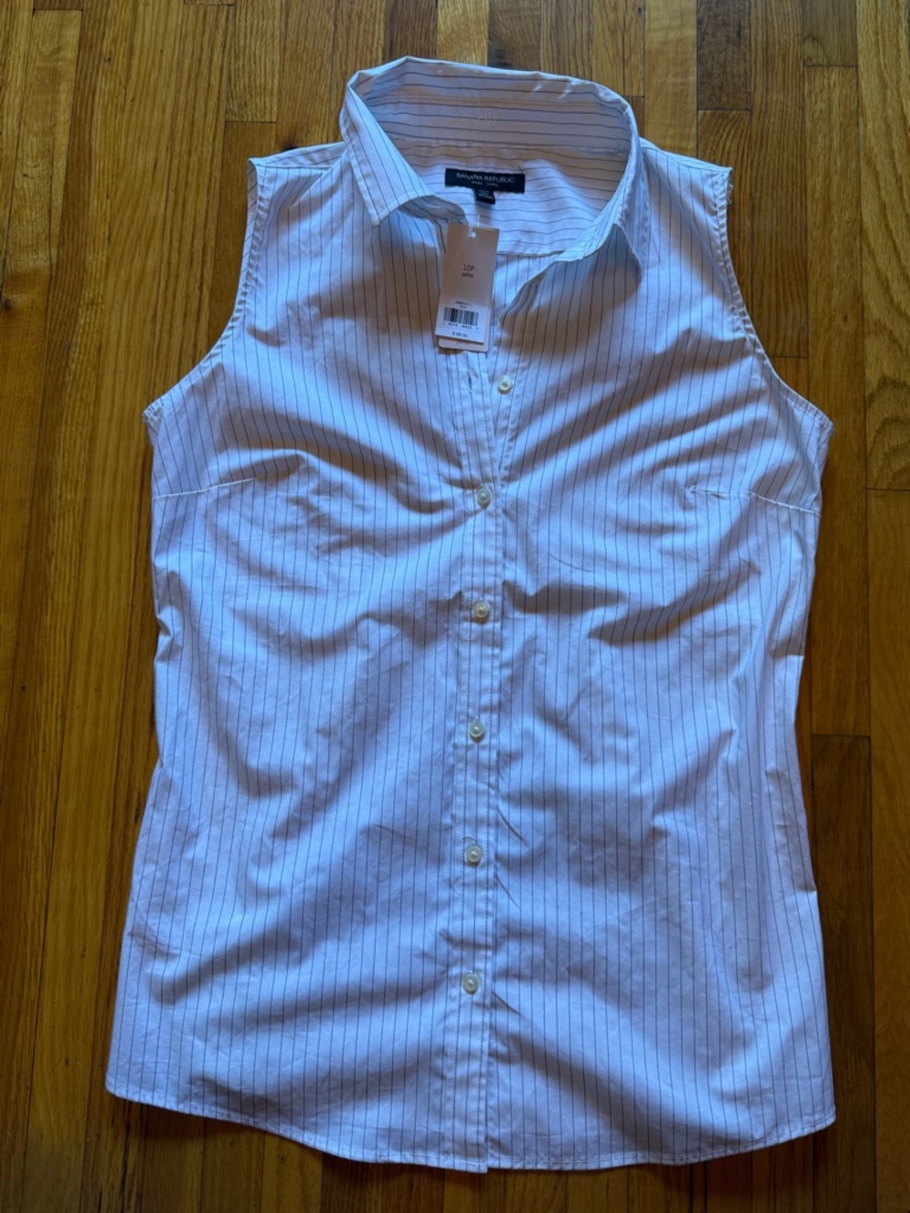 Banana Republic White Sleeveless Button-Down with Blue Pinstripes. New